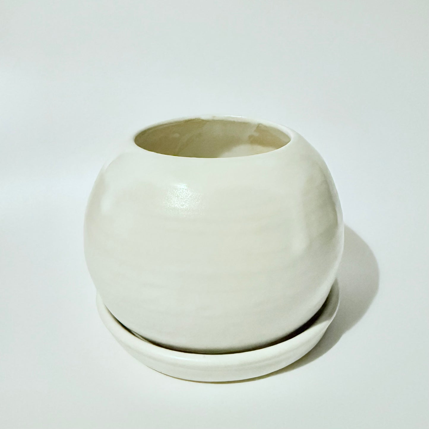 Wide Mouth White Globe Planter with Saucer