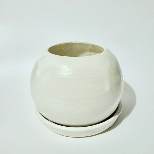 Wide Mouth White Globe Planter with Saucer