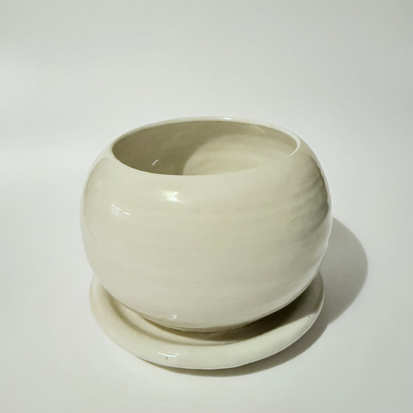 Wide Mouth White Globe Planter with Saucer