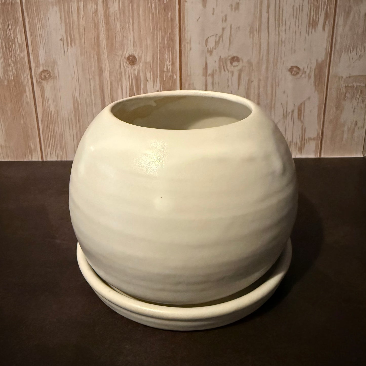 Wide Mouth White Globe Planter with Saucer