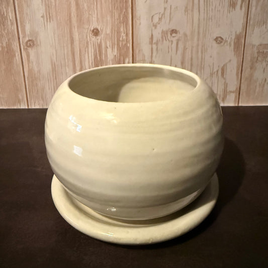 Wide Mouth White Globe Planter with Saucer
